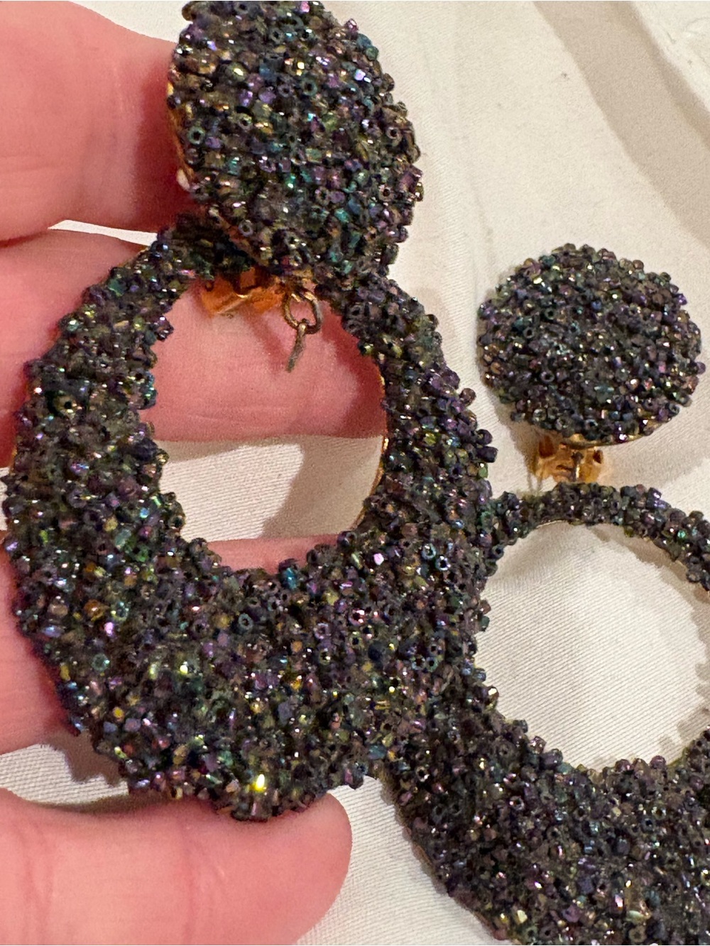 Beaded Iridescent Beaded purple/ blue/ black Sparkling Hoop Drop Earrings - Clip